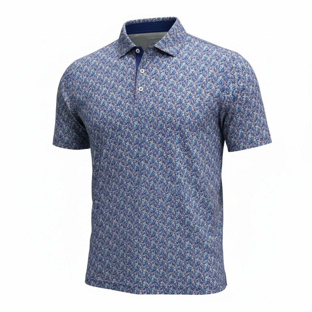 Bugatchi Blue Multi-Color Floral Print Short Sleeve Performance Golf Polo Shirt